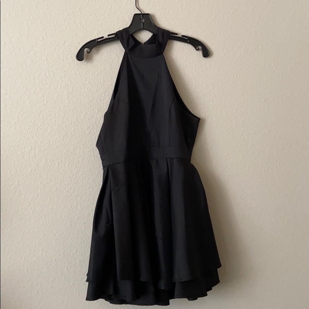 Lulus black open back semi-formal dress.